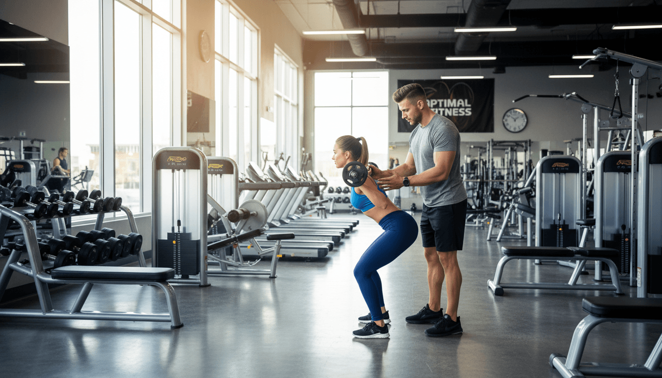 Personal trainer guiding client through strength training exercise in modern gym facility