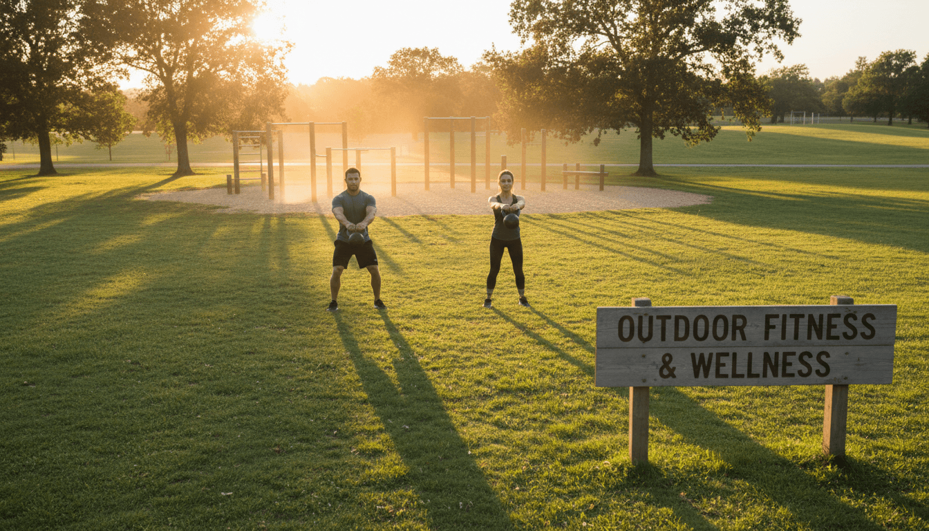 Trainer demonstrating kettlebell exercise with client during golden hour outdoor park training session