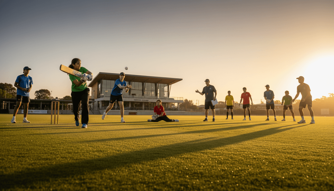 Diverse young athletes engaged in cricket training session on grass field with coach supervising outdoor practice
