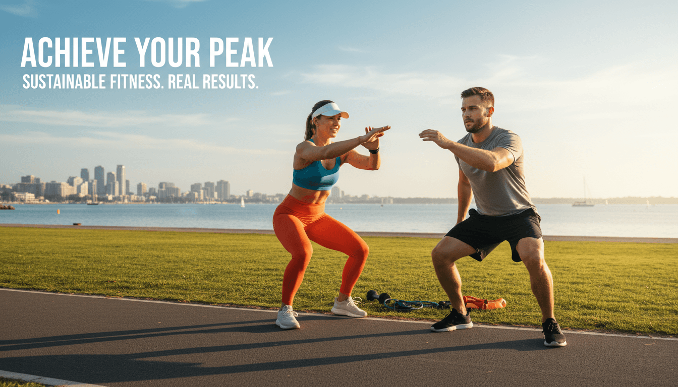 Personal trainer coaching client during dynamic outdoor fitness session in sunny park with natural morning light and open space
