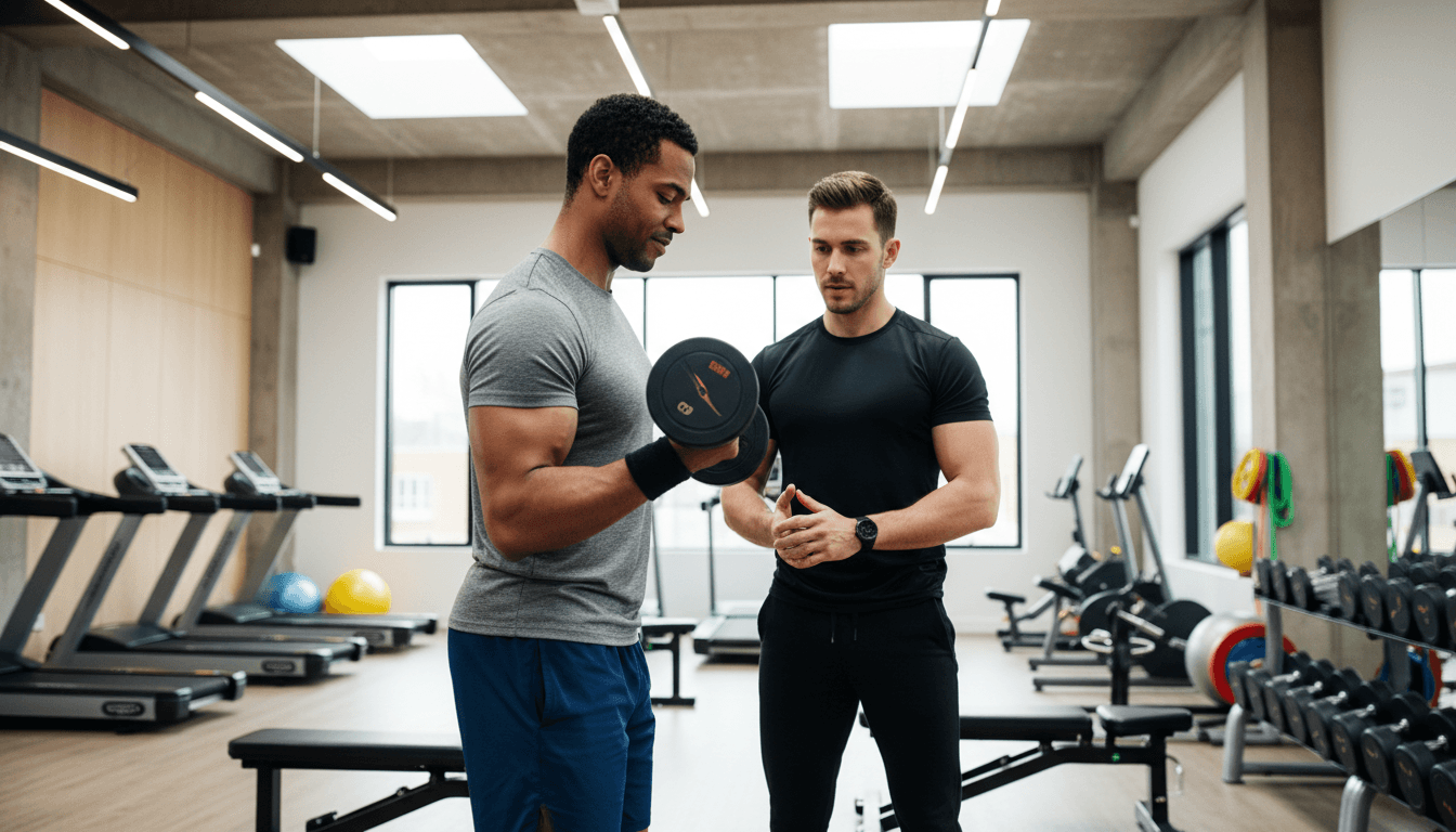 Personal trainer guiding client through strength training exercise in bright modern gym