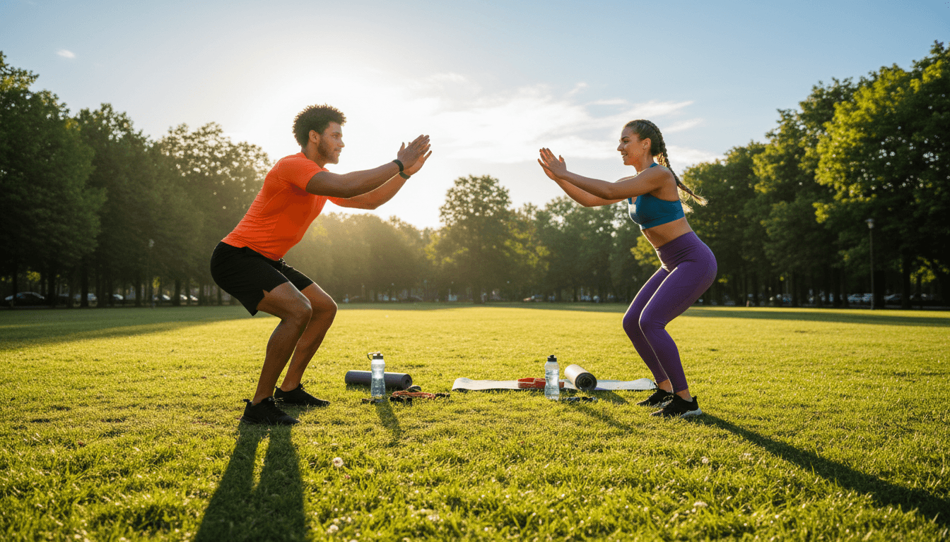 Personal trainer and client performing dynamic exercise together outdoors in sunny park setting