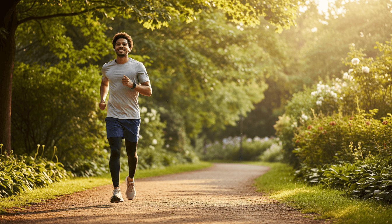 Confident male runner jogging through sunlit park path in morning, wearing fitness watch and wireless earbuds during outdoor workout
