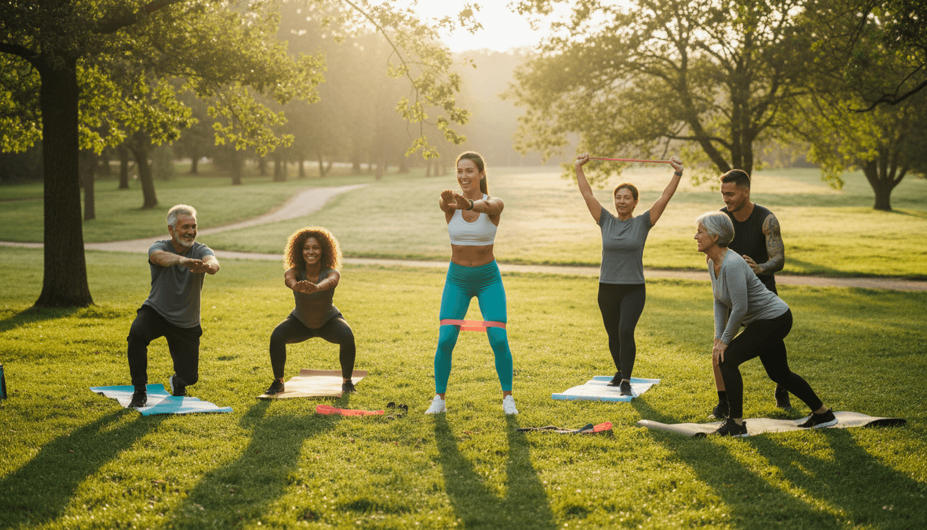 Fitness coach leading diverse group of clients in outdoor park exercise session with natural sunlight and trees