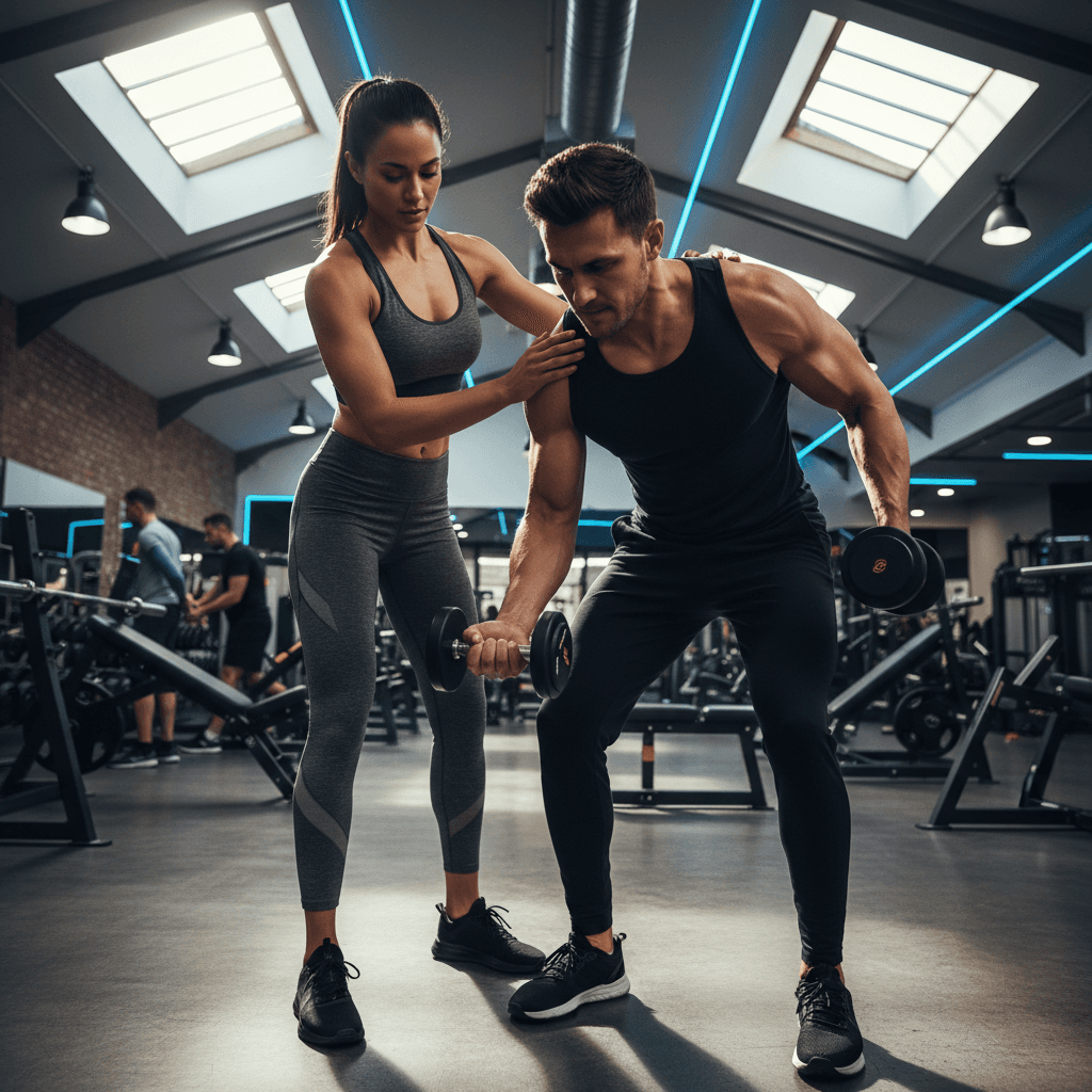 Personal trainer guiding client through strength training exercise in modern gym