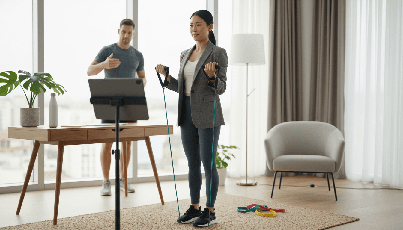 Wellness coach providing form guidance to young professional performing resistance exercise in modern home office setting