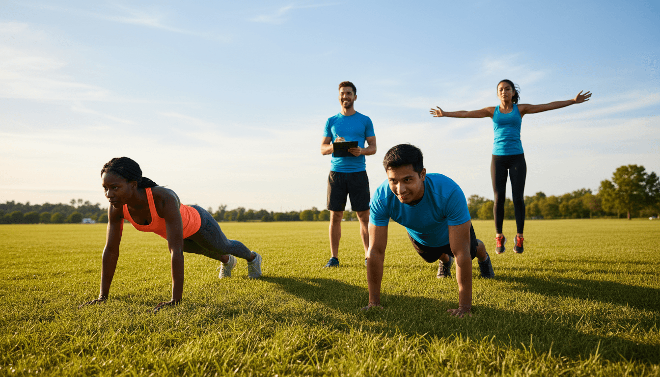 Group of diverse clients performing outdoor fitness exercises during golden hour training session led by attentive coach
