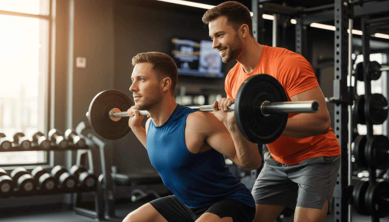 Personal trainer providing motivation during a strength training session in a modern gym setting