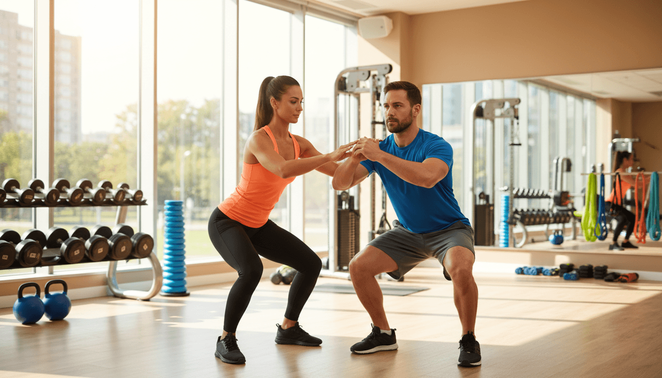 Personal trainer guiding client during strength training session in bright modern gym