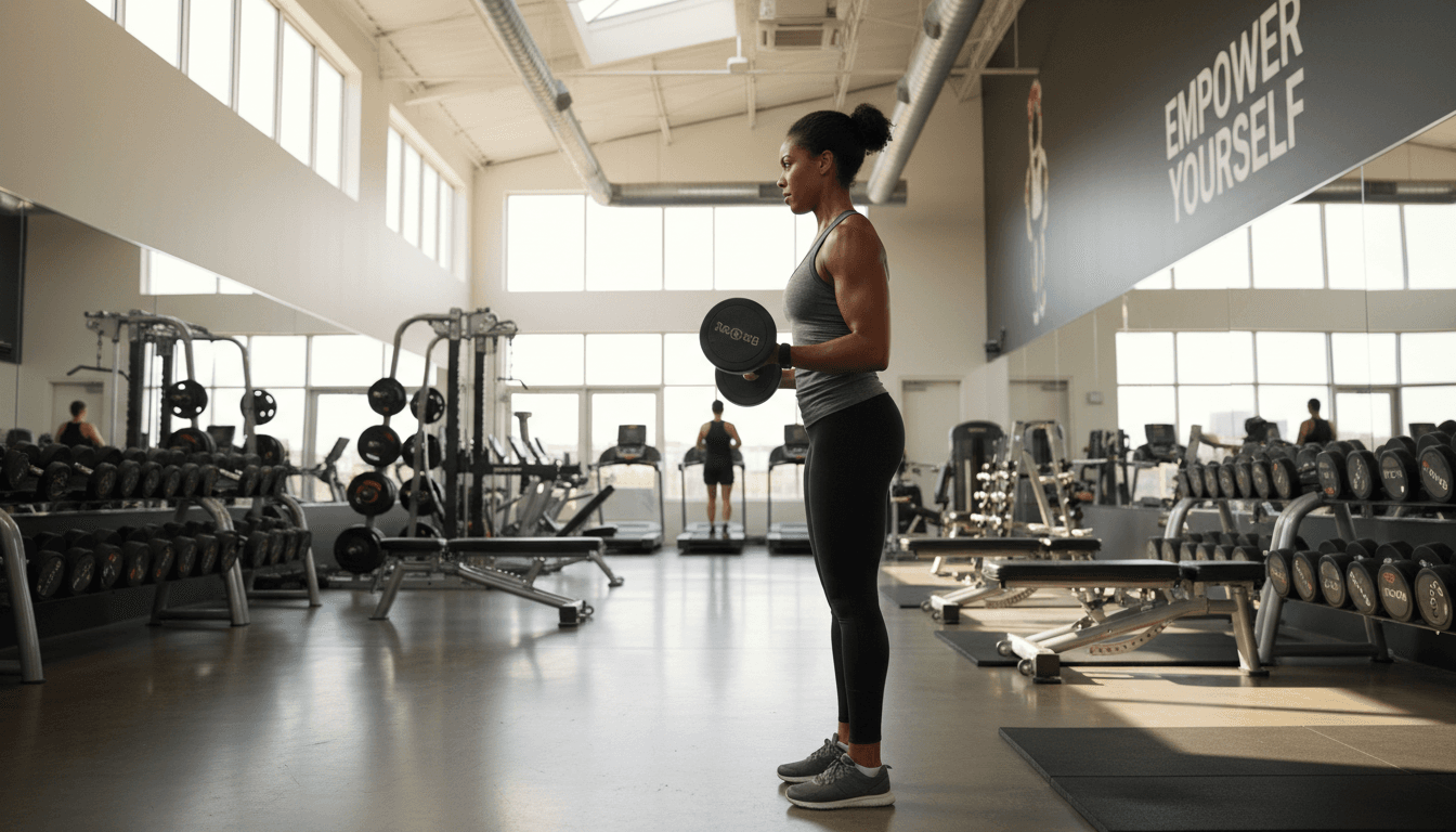 Personal trainer client performing strength training exercise in modern gym