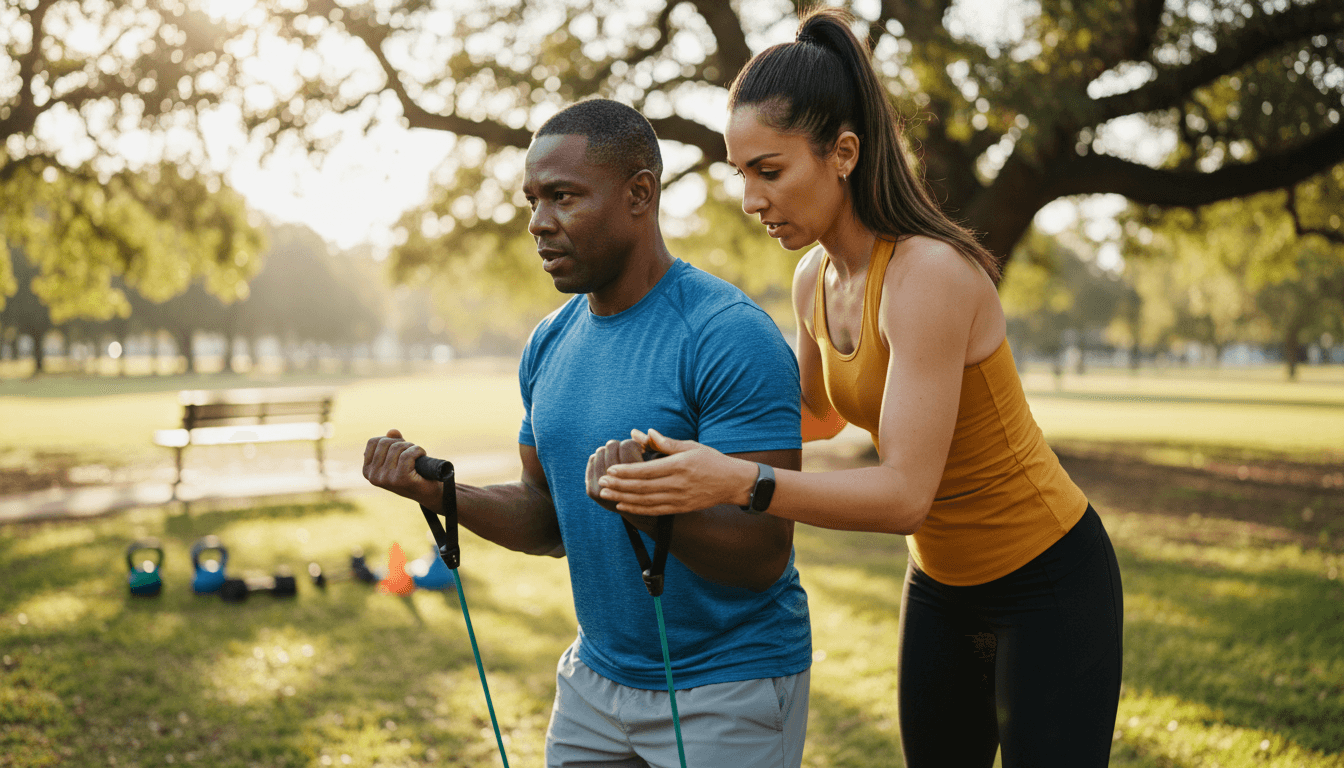 Fitness coach demonstrating proper exercise form to client during outdoor one-on-one training session in park setting
